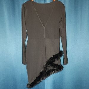 Black Long Sleeve Asymmetric Dress with Faux Fur Trim
